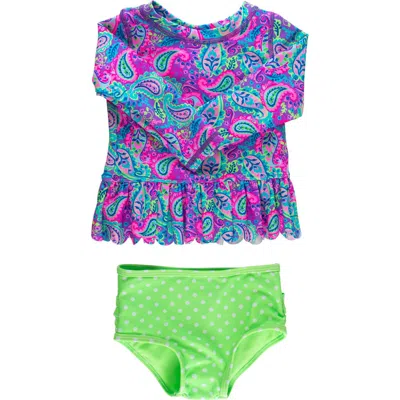 Rufflebutts Kids'  Girls Upf50+ Sun Protected Scallop Hem Long Sleeve Rash Guard Bikini In Multi