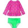 Rufflebutts Girls Upf50+ Sun Protected Scallop Hem Long Sleeve Rash Guard Bikini In Neon Violet Pineapples