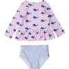 Rufflebutts Kids'  Girls Upf50+ Sun Protected Scallop Hem Long Sleeve Rash Guard Bikini In Pink Whale Friends