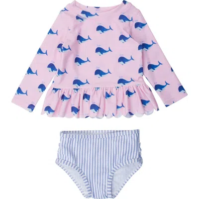 Rufflebutts Kids'  Girls Upf50+ Sun Protected Scallop Hem Long Sleeve Rash Guard Bikini In Pink Whale Friends