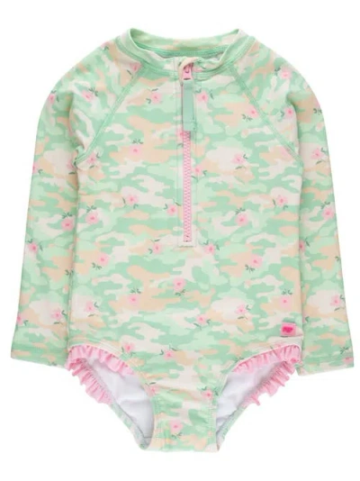 Rufflebutts Kids'  Girls Upf50+ Sun Protection Long Sleeve Rash Guard One Piece In Green