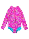 Shop Rufflebutts Girls Upf50+ Sun Protection Long Sleeve Rash Guard One Piece In Neon Island Time