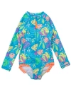 Rufflebutts Kids'  Girls Upf50+ Sun Protection Long Sleeve Rash Guard One Piece In Neon Tiki Vibes
