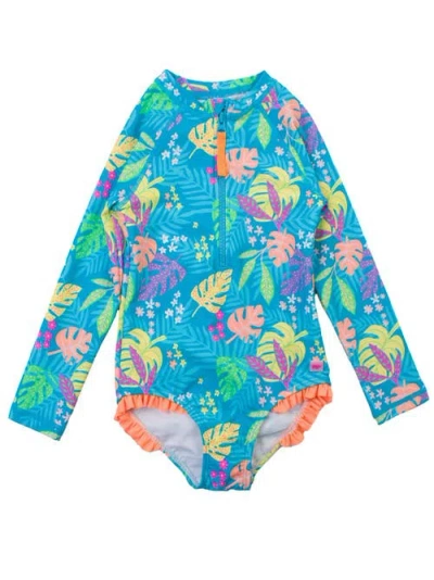 Rufflebutts Girls Upf50+ Sun Protection Long Sleeve Rash Guard One Piece In Neon Tiki Vibes