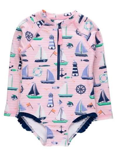 Rufflebutts Kids'  Girls Upf50+ Sun Protection Long Sleeve Rash Guard One Piece In Pink