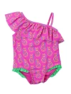 Rufflebutts Girls Upf50+ Sun Protection One Shoulder Ruffle One Piece In Neon Violet Pineapples