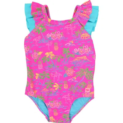 Rufflebutts Kids'  Girls V-back Upf50+ One Piece In Neon Island Time