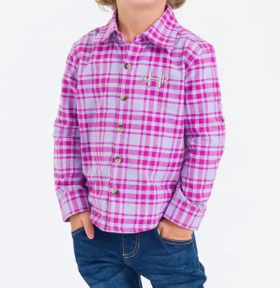 Rufflebutts Kids' Harper Plaid Long Sleeve Button Down Shirt In Purple In Pink