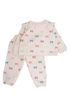 Rufflebutts Heather Oatmeal Ribbons Cotton Sweatshirt & Sweatpants Set In Multi