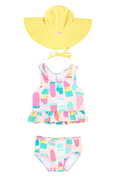 Rufflebutts Babies'  Ice Cream Social Tankini & Hat Set In Pink