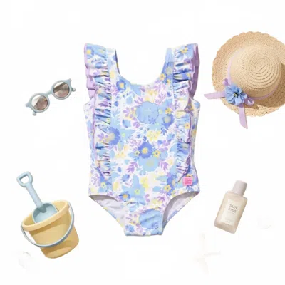 Rufflebutts Kids' Infant Pristine Blooms Ruffled One Piece Swimsuit In Blue/yellow/white In Multi