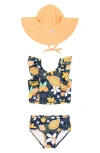 RUFFLEBUTTS INTO THE TROPICS TWO-PIECE SWIMSUIT & HAT SET