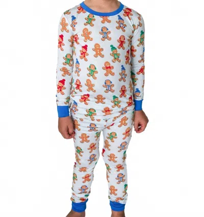 Rufflebutts Kid's Softsnooze Long Sleeve Pajama Set In Blue Gingerbread Buddies In White