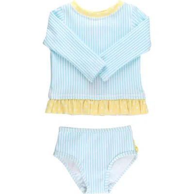 Rufflebutts Babies'  Kids' Blue Breeze Seersucker Long Sleeve Two-piece Rashguard Swimsuit In White