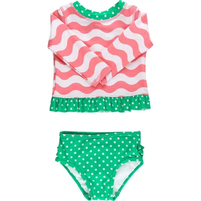 Rufflebutts Babies'  Kids' Bubblegum Wavy Stripe Long Sleeve Peplum Upf 50+ Two-piece Rashguard Swimsuit In Pink