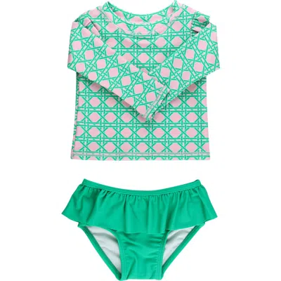 Rufflebutts Babies'  Kids' Coastal Cane Ruffle Long Sleeve Two-piece Rashguard Swimsuit In Green