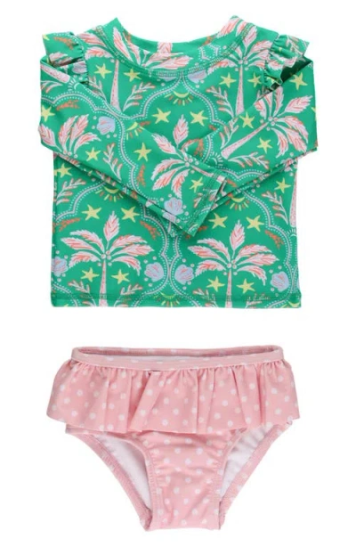 Rufflebutts Babies'  Kids' Coconut Cabana Ruffle Long Sleeve Two-piece Rashguard Swimsuit In Green