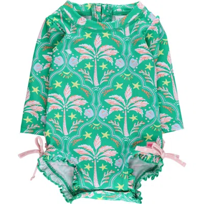 Rufflebutts Babies'  Kids' Coconut Cabana Ruffle Long Sleeve Upf 50+ One-piece Rashguard Swimsuit In Green
