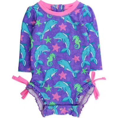 Rufflebutts Babies'  Kids' Fin Friends Long Sleeve One-piece Rashguard Swimsuit In Brown