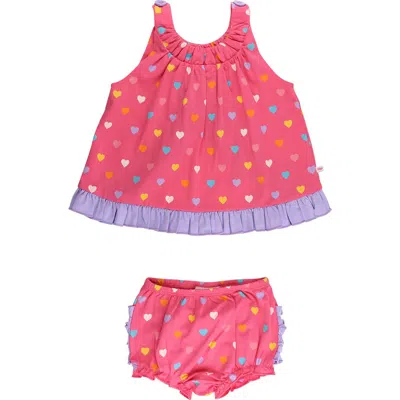 Rufflebutts Babies'  Kids' Heart Print Cotton Ruffle Swing Top And Bloomer Set In Pink