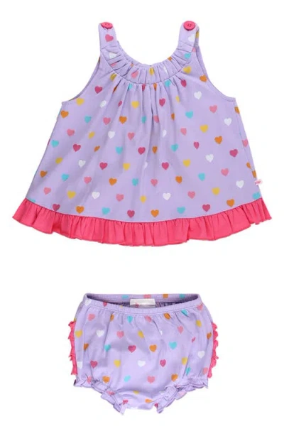 Rufflebutts Babies'  Kids' Heart Print Cotton Ruffle Swing Top And Bloomer Set In Purple