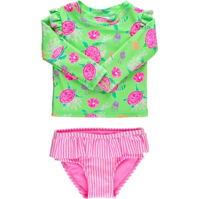 Rufflebutts Babies'  Kids' Long Sleeve Ruffle Hem Two-piece Rashguard Swimsuit In Green