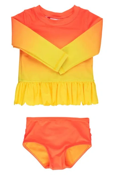 Rufflebutts Babies'  Kids' Neon Citrus Sunrise Long Sleeve Two-piece Rashguard Swimsuit In Orange