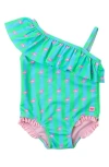 Rufflebutts Kids' Neon Flamingo Stripe One-shoulder One-piece Swimsuit In Green