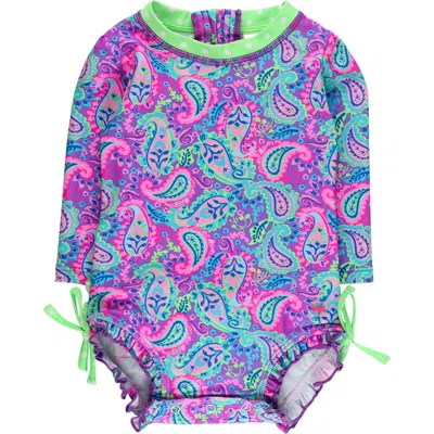 Rufflebutts Babies'  Kids' Neon Paisley One-piece Rashguard Swimsuit In Purple