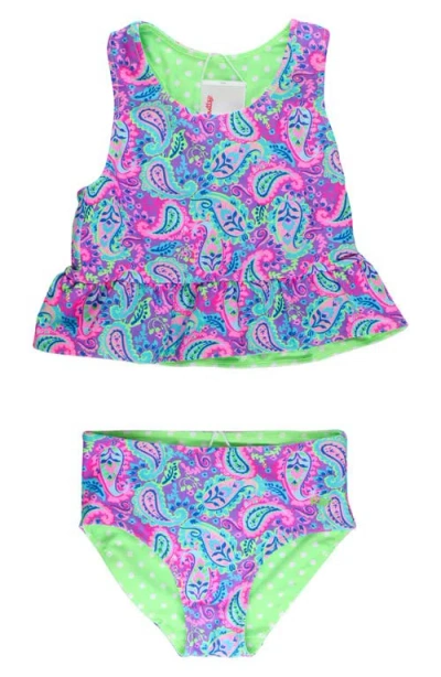 Rufflebutts Babies'  Kids' Neon Paisley Reversible Two-piece Swimsuit In Purple