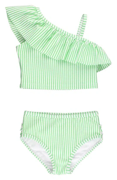Rufflebutts Kids' Seersucker One-shoulder Two-piece Swimsuit In Spring Green
