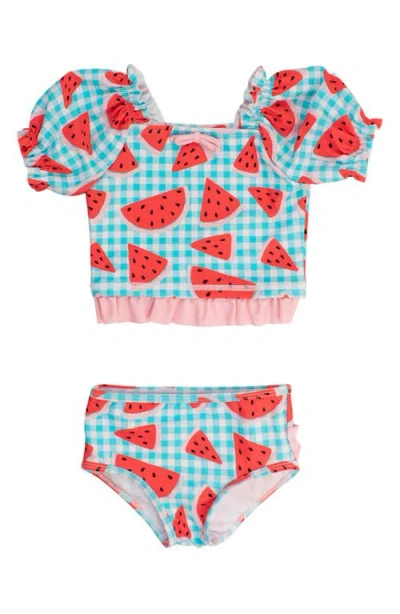 Rufflebutts Kids' Watermelon Gingham Puff Sleeve Two-piece Swimsuit In Blue