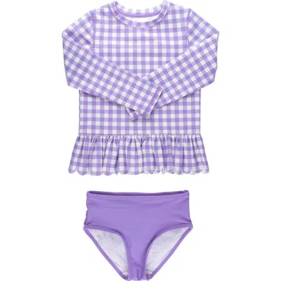 Rufflebutts Babies'  Kids' Wisteria Gingham Long Sleeve Peplum Upf 50+ Two-piece Rashguard Swimsuit In White