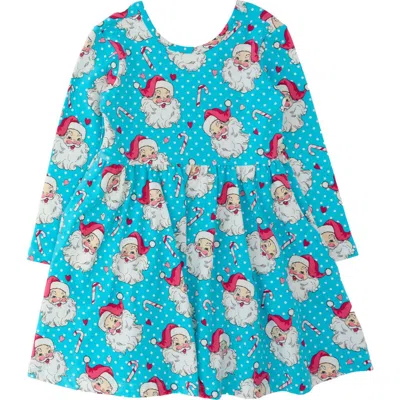 Rufflebutts Kids'  Knit Long Sleeve Twirl Dress In Blue Dots Santa Joy