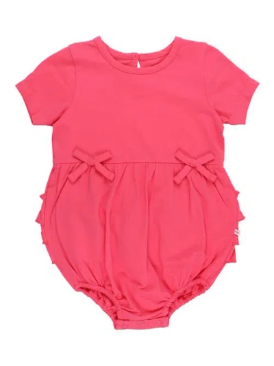 Rufflebutts Babies'  Knit Short Sleeve Bow Bubble Romper In Pink
