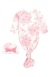 Rufflebutts Knotted Gown & Hat Set In White/pink