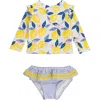 Rufflebutts Lemon Capri Ruffle Long Sleeve Two-piece Rashguard Swimsuit In Multi