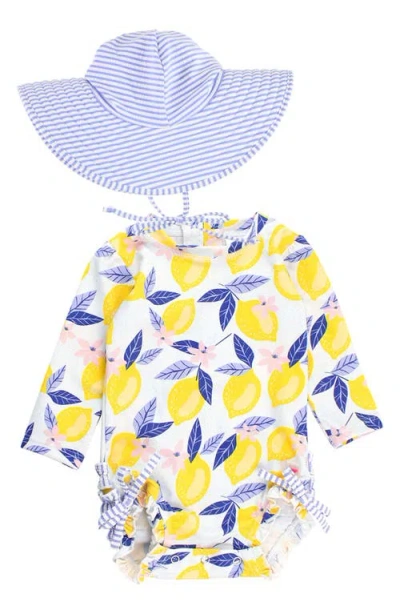 Rufflebutts Babies'  Lemons One-piece Rashguard Swimsuit & Hat Set In Blue