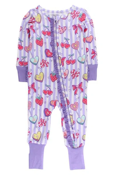 Rufflebutts Babies'  Lolly Hearts Zip One-piece Pajamas In Purple