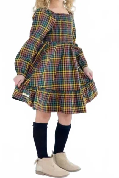 Rufflebutts Kids' Long Sleeve Smocked Ruffle Hem Dress In Harvest Rainbow In Multi