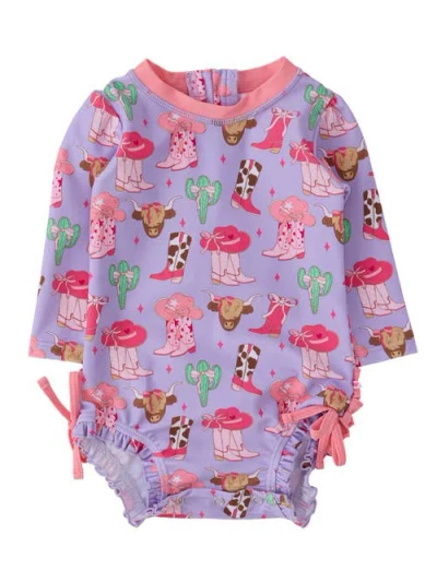 Rufflebutts Babies'  Long Sleeve Upf50 One Piece Rash Guard In Purple