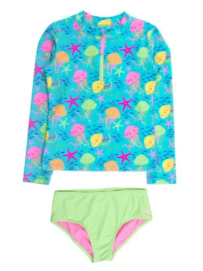Rufflebutts Kids'  Long Sleeve Zipper Rash Guard 2-piece Bikini Swimsuit In Green