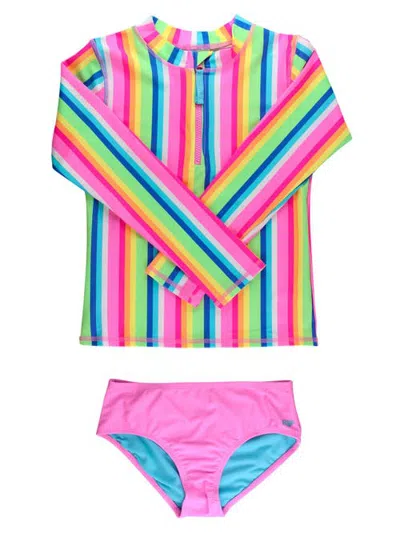 Rufflebutts Kids'  Long Sleeve Zipper Rash Guard 2-piece Bikini Swimsuit In Neon Rainbow Stripe