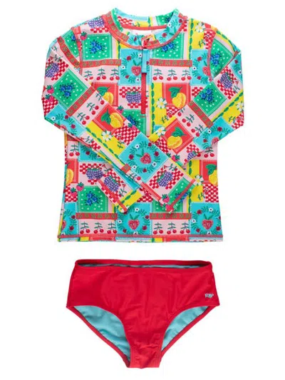 Rufflebutts Kids'  Long Sleeve Zipper Rash Guard 2-piece Bikini Swimsuit In Picnic Party