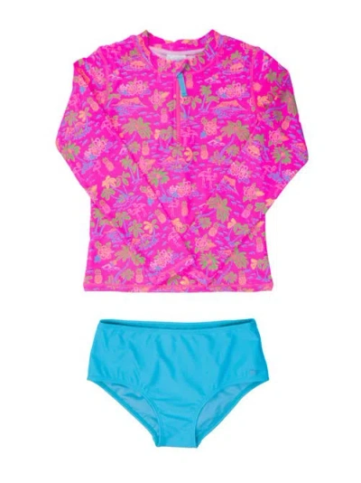 Rufflebutts Kids'  Long Sleeve Zipper Rash Guard 2-piece Bikini Swimsuit In Pink