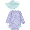 Rufflebutts Magical Mermaid Long Sleeve One-piece Rashguard Swimsuit & Hat Set In Purple