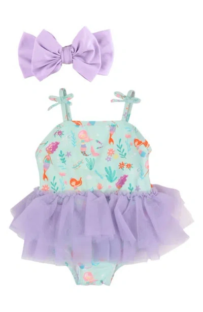 Rufflebutts Babies'  Mermaid Princess Skirted One-piece Swimsuit & Headband Set In Purple