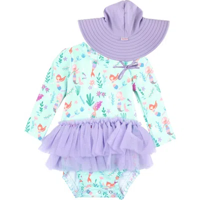 Rufflebutts Babies'  Mermaid Skirted One-piece Rashguard Swimsuit & Sun Hat Set In Purple