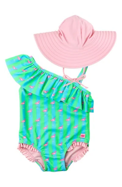 Rufflebutts Babies'  Neon Flamingo One-piece Swimsuit & Hat Set In Green