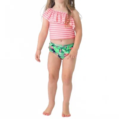 Rufflebutts Kids' One Shoulder Ruffle Tankini In Flamingo Frenzy In Pink